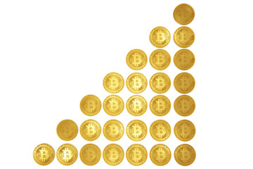 a lot of gold coins of bitcoin in the shape of a pyramid, an investment in the future, an increase in the exchange rate. isolate 3d rendering