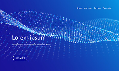 Abstract landing page background with blue particles. Flow wave with dot landscape. Digital data structure. Future mesh or sound grid. Pattern point visualization. Technology vector illustration.