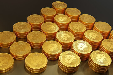 many bitcoin gold coins lie in the shape of a pyramid on a dark background.
