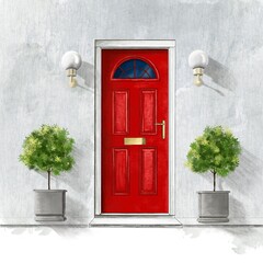 Brown door in a yellow house. Next to the door is a vase with a plant of lanterns.
