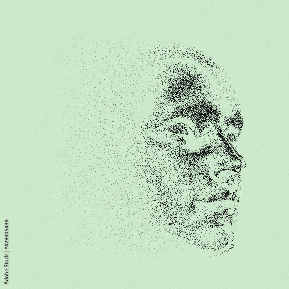 Poster Silhouette of a 3d human head made of dots and particles. Concept of Artificial intelligence and Neural Network.