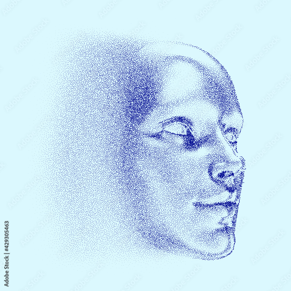 Aufkleber Silhouette of a 3d human head made of dots and particles. Concept of Artificial intelligence and Neural Network.
