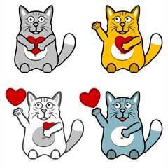 Loving funny cats on hind legs for greeting card design t-shirt, print or poster. Colored cats with hearts waving paw or greets. Flat illustration isolated on a white background.