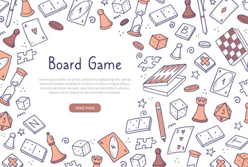 Hand drawn website banner template with of board game element. Doodle sketch style. Vector illustration for board game shop, store background, game competition banner, frame