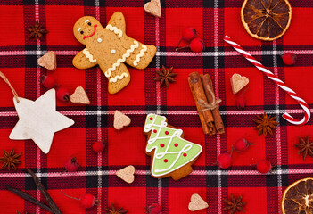 Obraz premium Christmas greeting card. Gingerbread man, fir shaped cookie, candy cane, sugar hearts on a red tartan background. Top view.