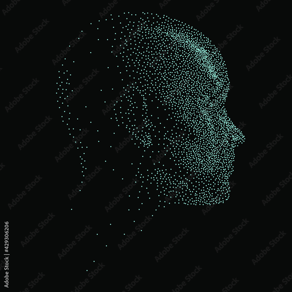 Poster Silhouette of a 3d human head made of dots and particles. Concept of Artificial intelligence and Neural Network.