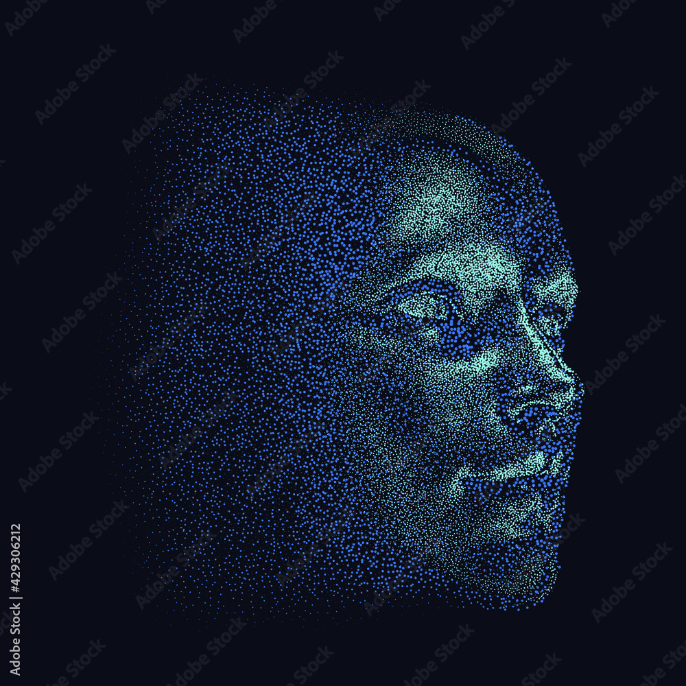 Poster silhouette of a 3d human head made of dots and particles. concept of artificial intelligence and neu