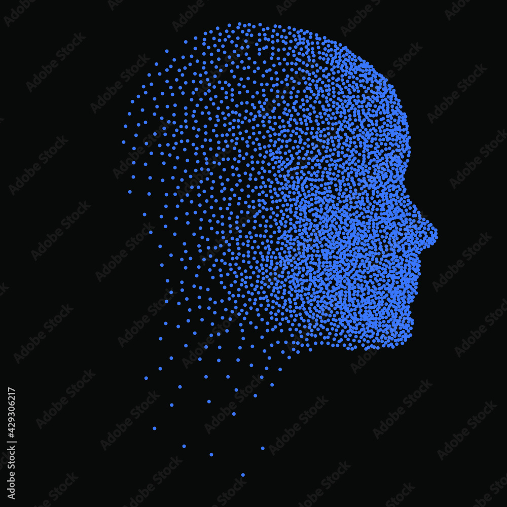 Poster Silhouette of a 3d human head made of dots and particles. Concept of Artificial intelligence and Neural Network.