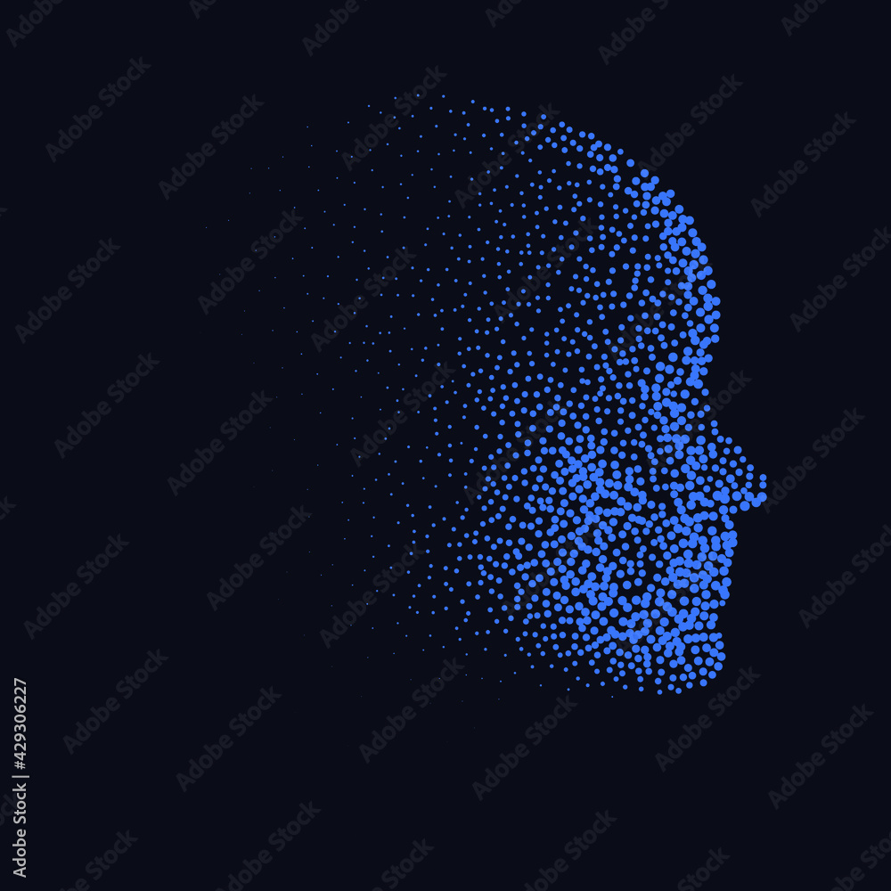 Poster Silhouette of a 3d human head made of dots and particles. Concept of Artificial intelligence and Neural Network.