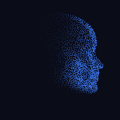 Silhouette of a 3d human head made of dots and particles. Concept of Artificial intelligence and Neural Network.