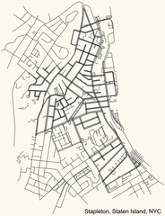 Black simple detailed street roads map on vintage beige background of the quarter Stapleton neighborhood of the Staten Island borough of New York City, USA