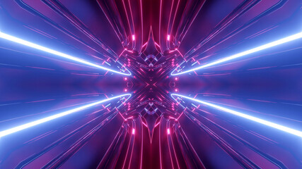 Obraz premium 3d render. Sci-fi tunnel with neon lights. Abstract high-tech tunnel as background in the style of cyberpunk or high-tech future. Symmetrical structure of purple light streaks.