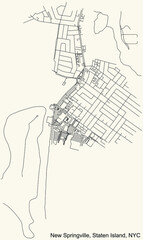 Black simple detailed street roads map on vintage beige background of the quarter New Springville neighborhood of the Staten Island borough of New York City, USA