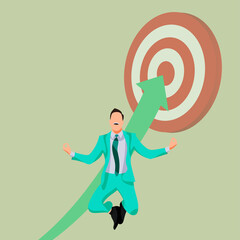 Businessman in suit, happy, jumping, success, achievement the target or goal. Cartoon character vector illustration