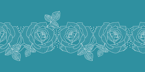 Vector white Lineart florals horizontal seamless pattern with hand-drawn flowers on blue background