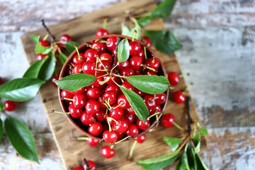 Fresh cherries in a bowl. Harvest of red cherries.