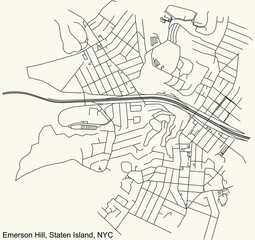 Black simple detailed street roads map on vintage beige background of the quarter Emerson Hill neighborhood of the Staten Island borough of New York City, USA
