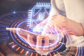 Multi exposure of man's hand holding and using a digital device and data theme drawing. Innovation concept.