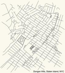 Black simple detailed street roads map on vintage beige background of the quarter Dongan Hills neighborhood of the Staten Island borough of New York City, USA