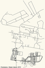 Black simple detailed street roads map on vintage beige background of the quarter Charleston neighborhood of the Staten Island borough of New York City, USA