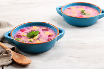 Sop Buah or Es Buah is Mixed Fruit with Coconut or Simple Syrup, Served with Shaved Ice and add Condensed Milk to Add Creamy Swetened, Popular for Buka Puasa (Breakfasting)