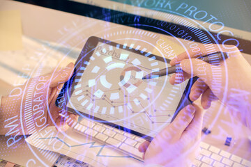 Multi exposure of man's hands holding and using a digital device and data theme drawing. Innovation concept.