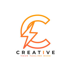 Initial Letter C Logo With Lighting Thunder Bolt in Linear Style. Alphabet Suitable for Fast, Power, Flash, Electric, Identity, Moving and Speed.