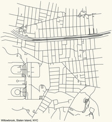 Black simple detailed street roads map on vintage beige background of the quarter Willowbrook neighborhood of the Staten Island borough of New York City, USA
