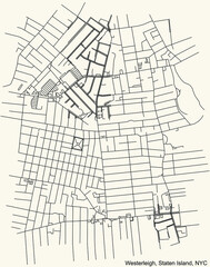 Black simple detailed street roads map on vintage beige background of the quarter Westerleigh neighborhood of the Staten Island borough of New York City, USA