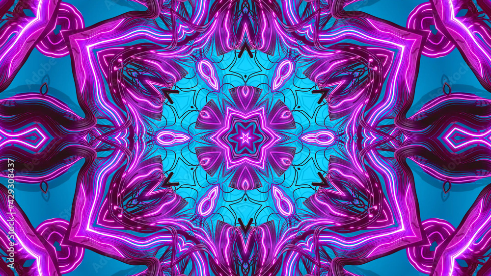 Poster kaleidoscope with purple neon flash ligts. abstract loopes bg with flashing lines pattern like ornam