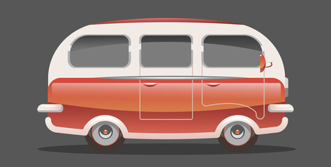 Old red retro classic travelling van, travel around the world finding new adventures. Vector illustration of vintage travel car. Flat design.