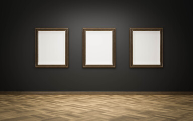empty blank picture frames in art gallery exhibition on dark wall and wooden floor 3d render illustration - obrazy, fototapety, plakaty