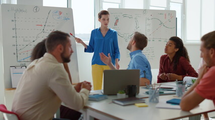 Business woman brainstorming team office. Serious people discussing meeting room