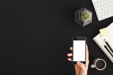 Black office workspace. Flat lay