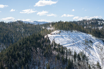 Beautiful views of the mountains and forest in winter. View from Mount Pogar. Slavsko. Carpathians. Ukraine.