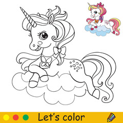 Cute unicorn lying on a cloud coloring vector