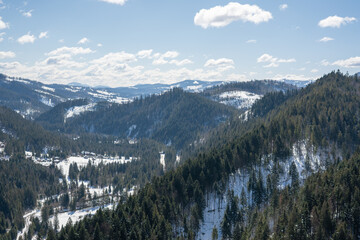 Beautiful views of the mountains and forest in winter. View from Mount Pogar. Slavsko. Carpathians. Ukraine.