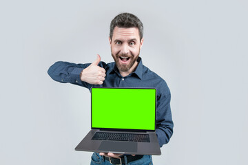 webinar pc advertisement. businessman presenting product. success. presentation on computer.