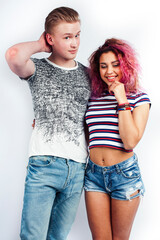 best friends teenage girl and boy together having fun, posing emotional on white background isolated, latin american and caucasian