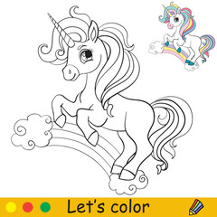 Cute cartoon unicorn standing on a rainbow coloring vector