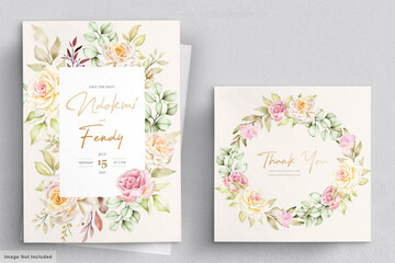 watercolor floral and leaves wedding invitation card set