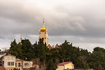 Church of St. Nicholas and Alexandra of Rome. The dome of the old church surrounded by seagulls.