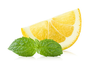 lemon slice and fresh mint leaves on isolated white background