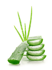 Macro or Close up Fresh Aloe vera sliced stacked, with water drops on Aloe vera isolated on white background.