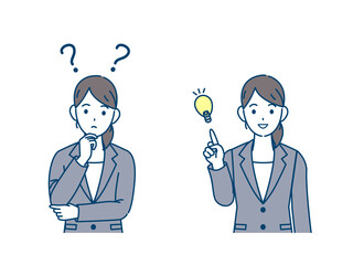 疑問　考え事　アイデア　閃く　ポーズ　スーツ姿の女性　イラスト素材