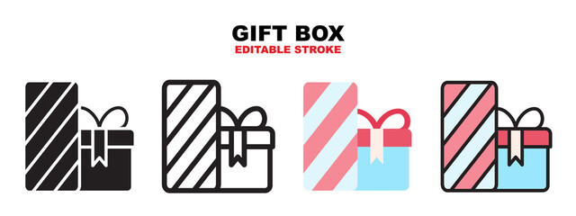 Gift Box icon set with different styles. Icons designed in filled, outline, flat, glyph and line colored. Editable stroke and pixel perfect. Can be used for web, mobile, ui and more.