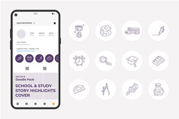 School and study doodle icon illustration set for social media Highlight Stores Cover with thin outline style vector illustration