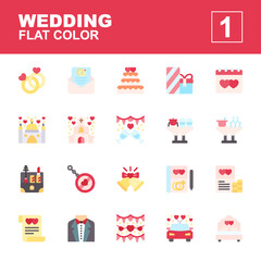 Icon set Wedding made with flat color technique, contains a couple ring, invitation, gift, souvenir, cost, car, cake, bed, bell, groom, mosque, church and more. You can be used for web, mobile and ui.