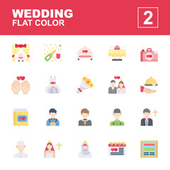 Icon set Wedding made with flat color technique, contains an arch, decoration, champagne, chair, groom, bride, priest, christian, islam, dowry, photo and more. You can be used for web, mobile and ui.
