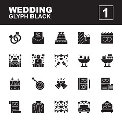 Icon set Wedding made with glyph black technique, contains a couple ring, invitation, gift, souvenir, cost, car, cake, bed, bell, groom, mosque, church and more. You can be used for web, mobile and ui